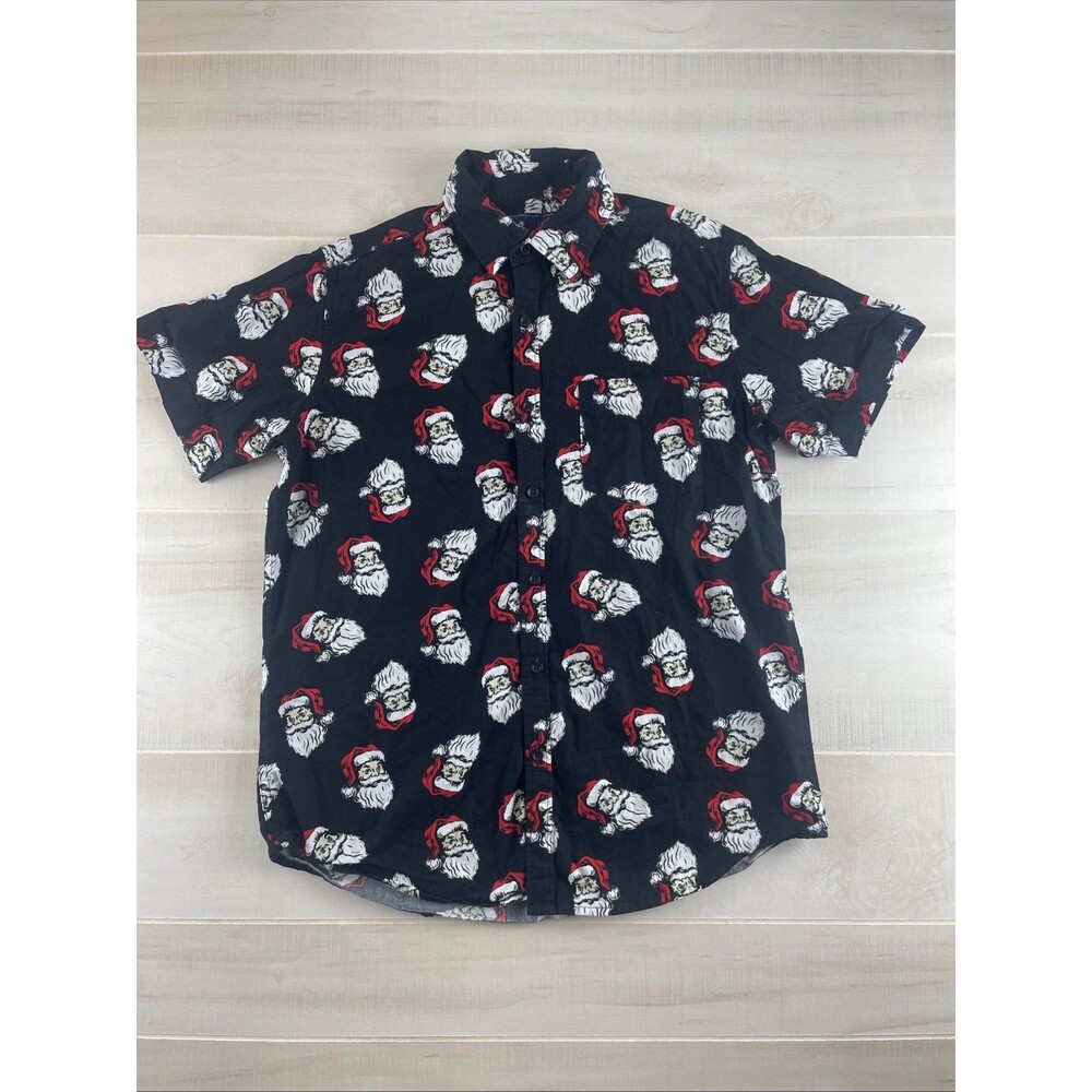 Men's Short Sleeve Shirt Santa Claus Print Black  Button Down Medium Christmas